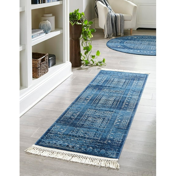 Unique Loom Sequoia District Rug Blue/Navy Blue 2' 2" x 6' 1" Runner Geometric Southwestern Perfect For Bathroom Hallway Mud Room Laundry Room