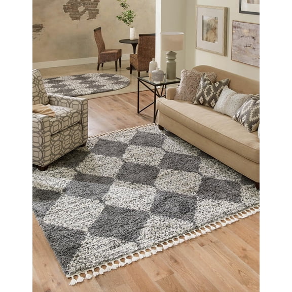 Unique Loom Serenity Shag Collection Area Rug - Soufriere (7' 10" Square Gray/Ivory)