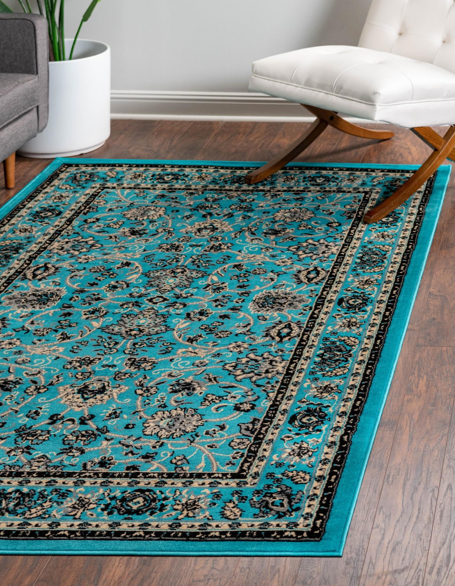 Turquoise and Ivory Synthetic Reversible Rectangular Area Rug
