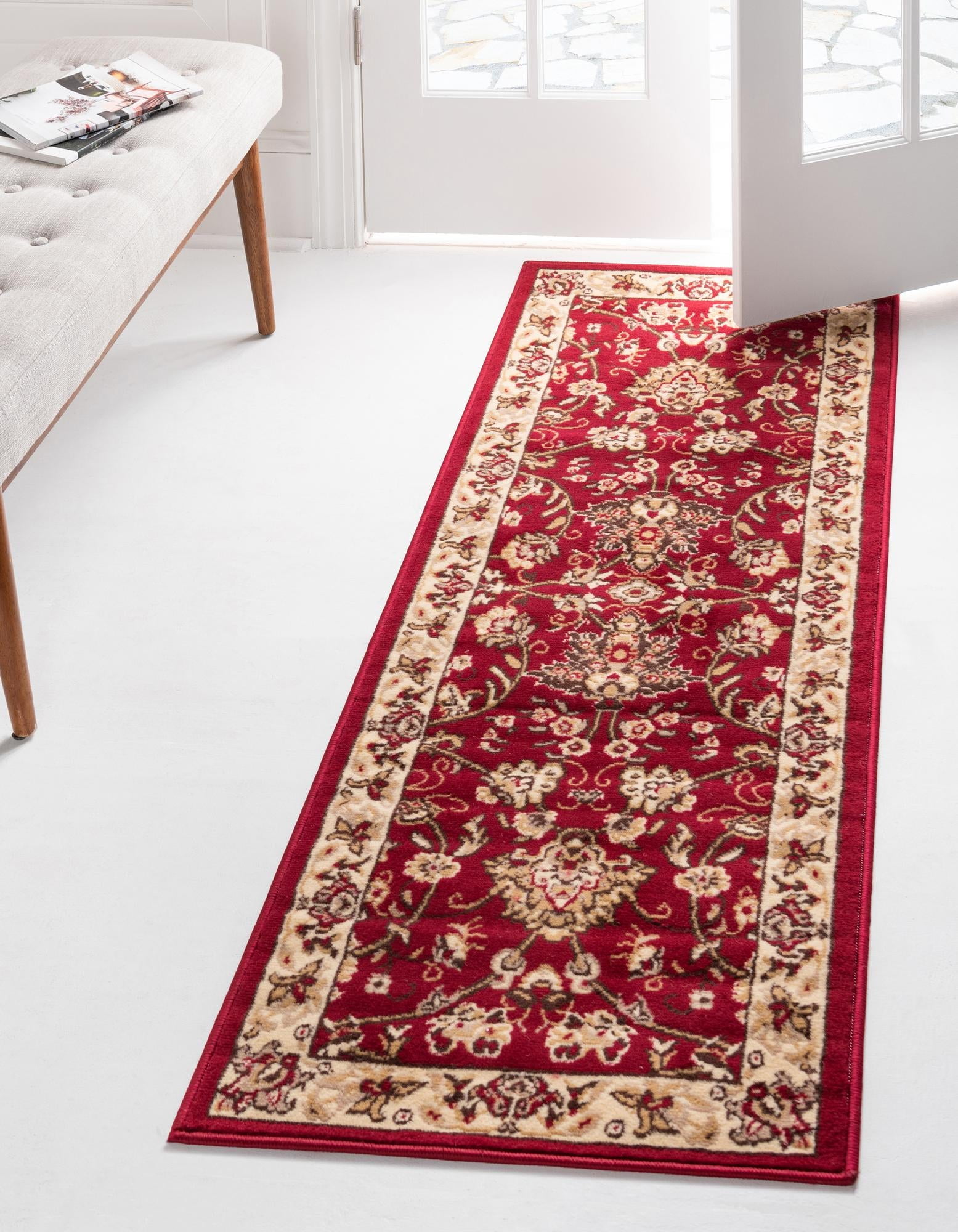 Burgundy and Ivory Synthetic Traditional Runner Rug