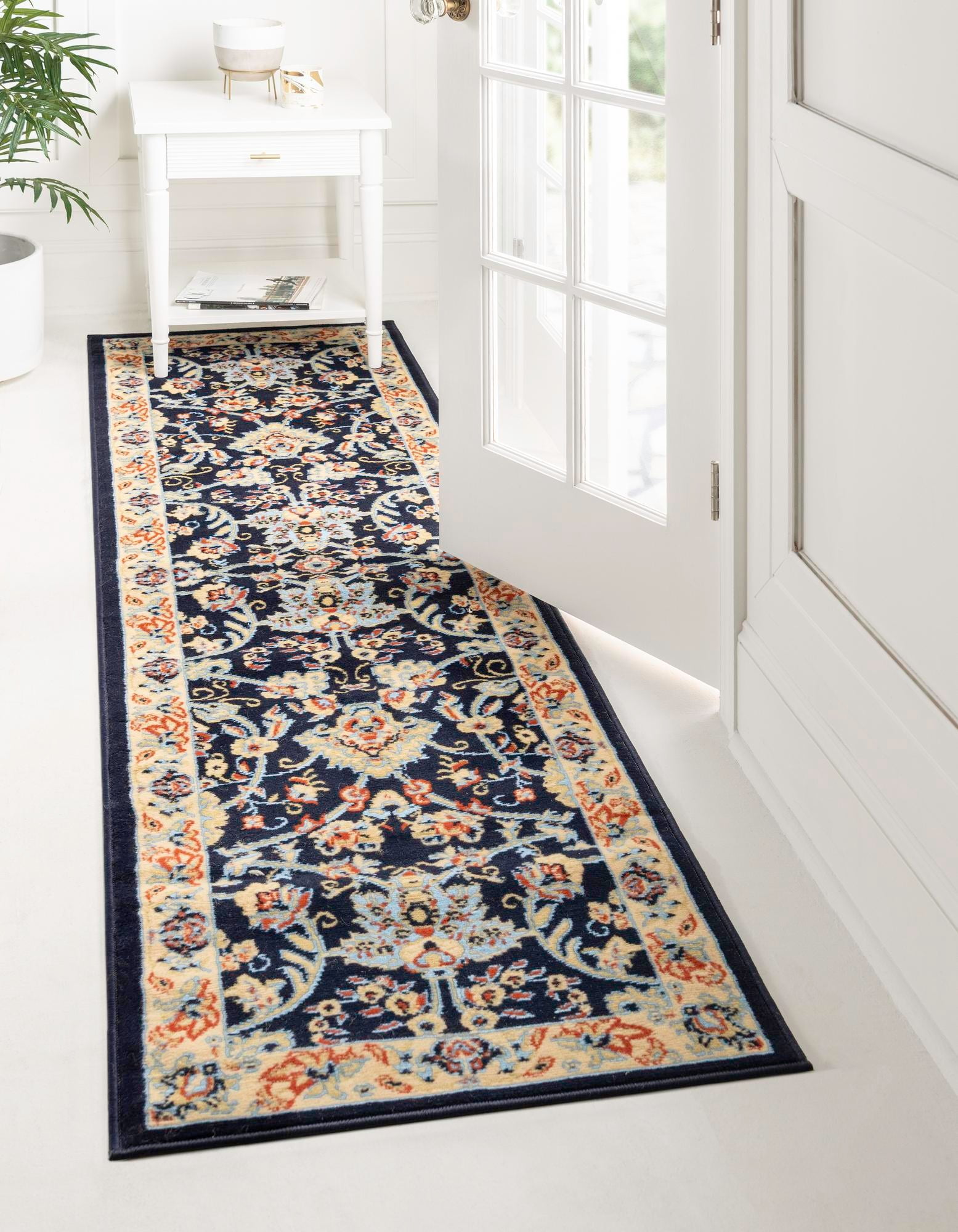 Navy Blue and Ivory Synthetic Reversible Runner Rug