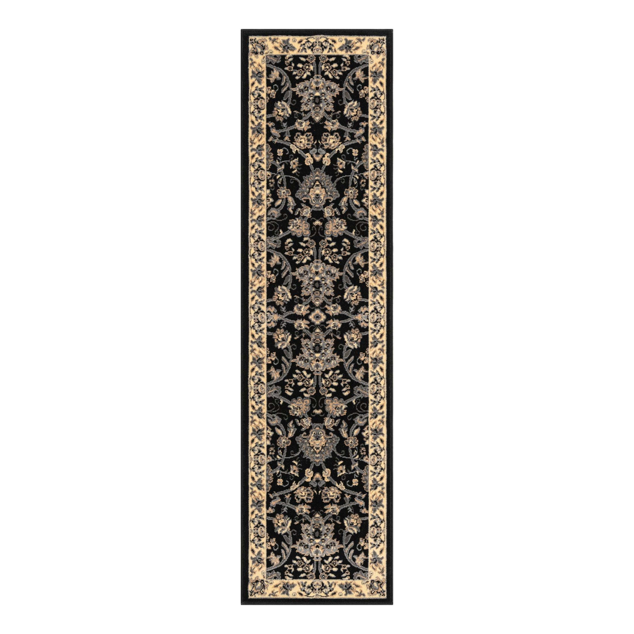 Black and Beige Floral Synthetic Runner Rug