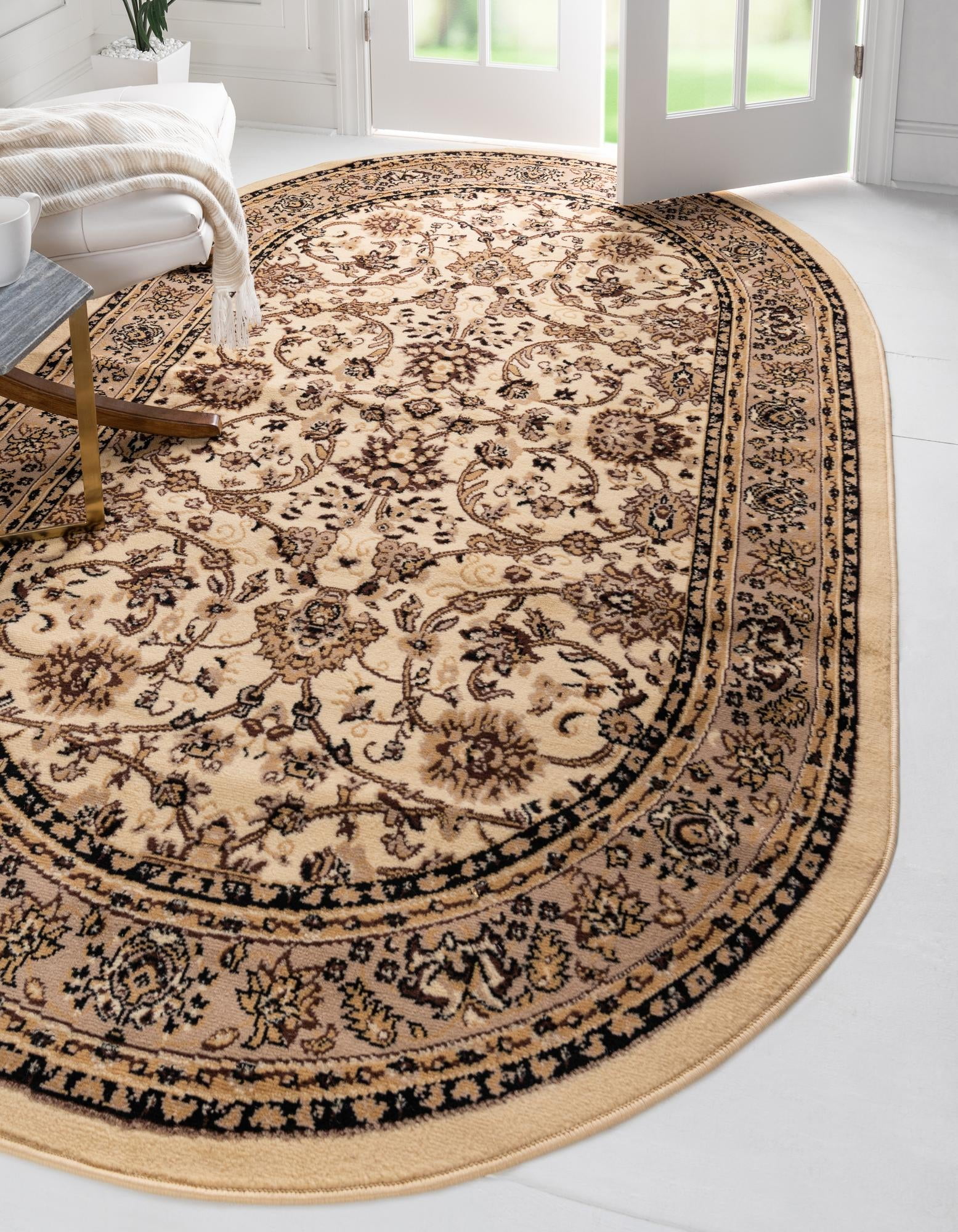 Ivory Tan Oval Transitional Easy-Care Area Rug