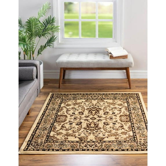 Unique Loom Sialk Hill Collection Area Rug - Washington (5' Square Ivory/Black) Floral Traditional Perfect For Living Room Bed Room Dining Room Office