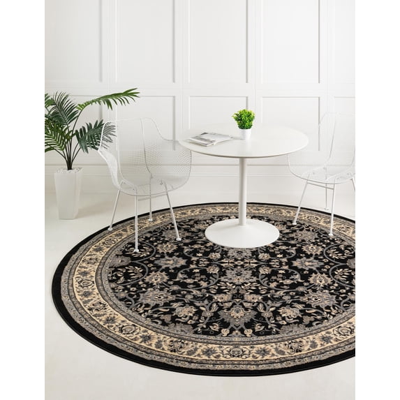 Unique Loom Sialk Hill Collection Area Rug - Washington (7' 10" Round Black/Gray) Floral Traditional Perfect For Living Room Bed Room Dining Room Office