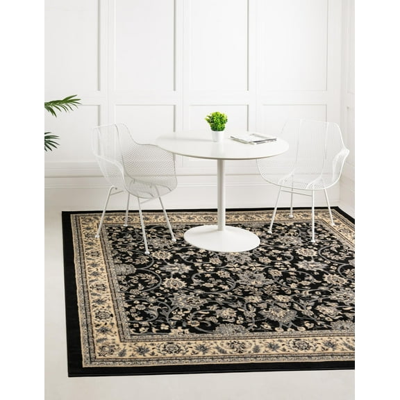 Unique Loom Sialk Hill Collection Area Rug - Washington (7' 10" Square Black/Gray) Floral Traditional Perfect For Living Room Bed Room Dining Room Office