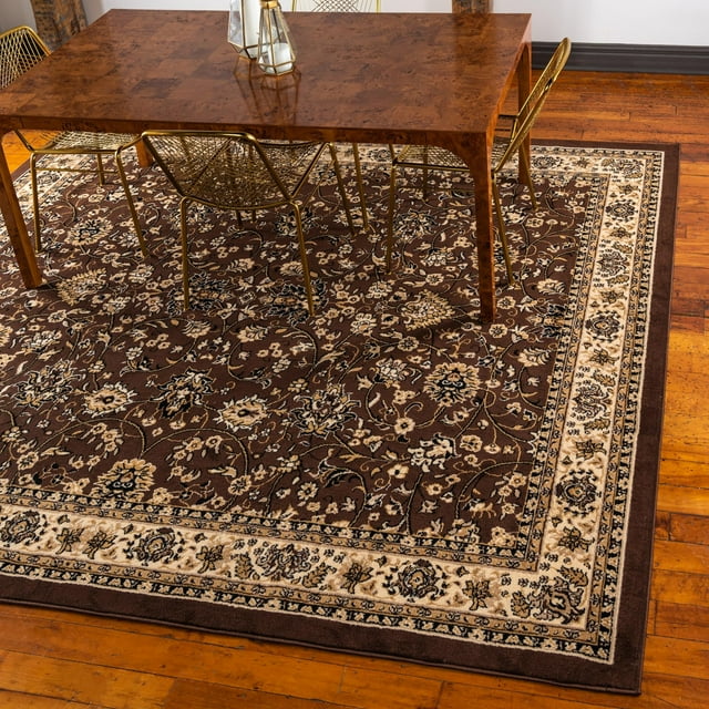 Unique Loom Sialk Hill Collection Area Rug - Washington (7' 10" Square Brown/Black) Floral Traditional Perfect For Living Room Bed Room Dining Room Office