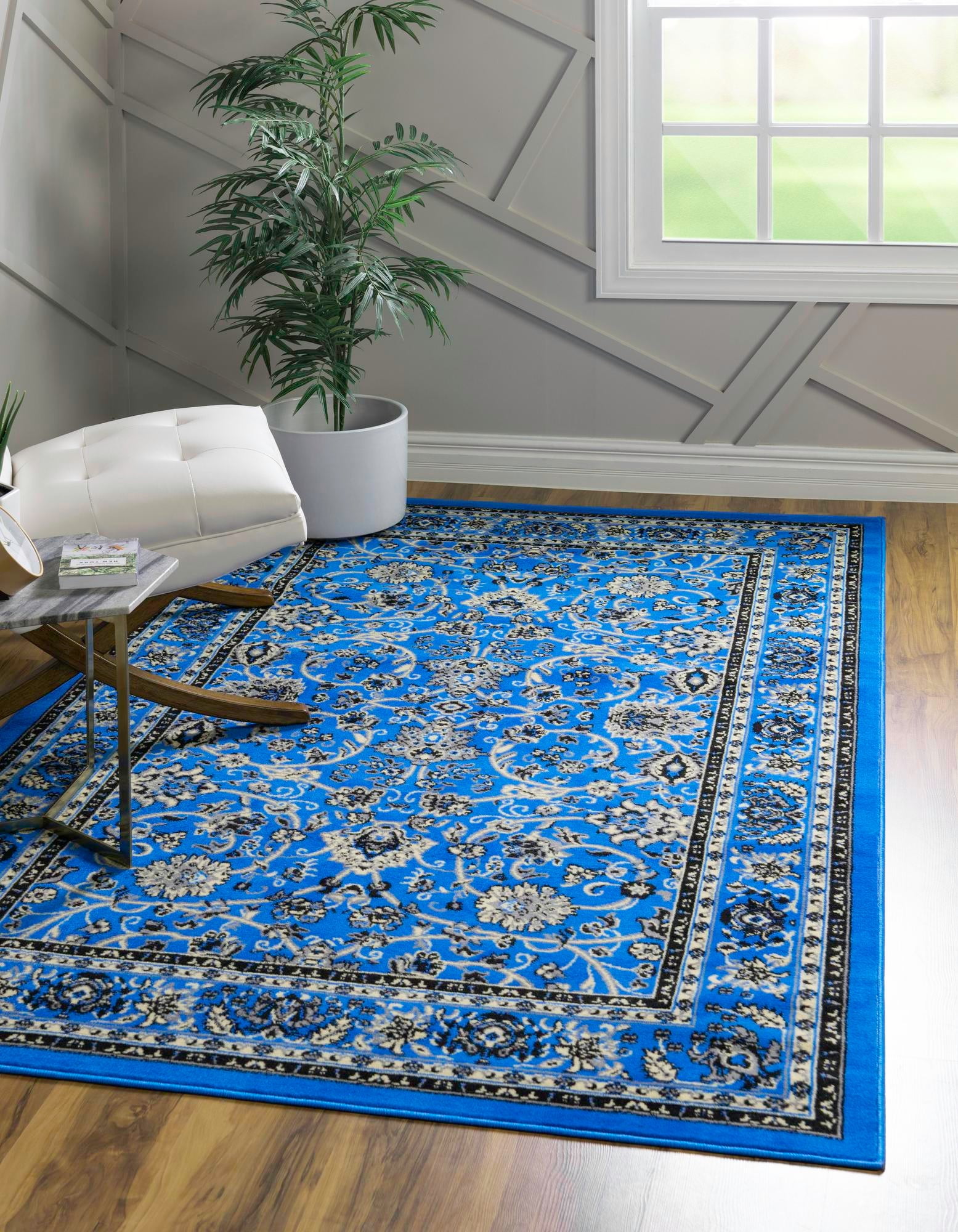 Rectangular Blue and Ivory Synthetic Stain-Resistant Area Rug