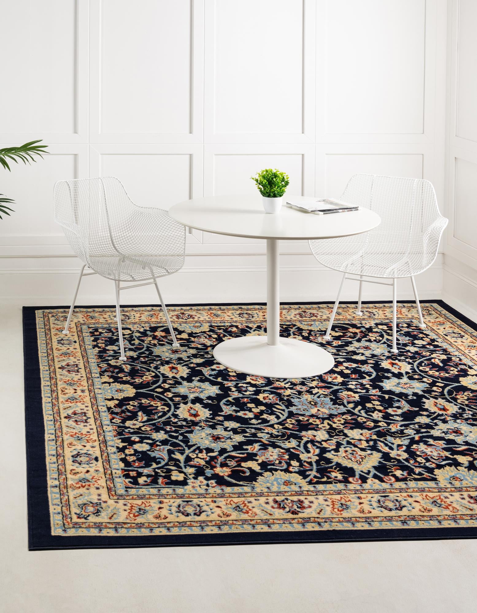 Navy Blue and Ivory Synthetic Square Reversible Area Rug