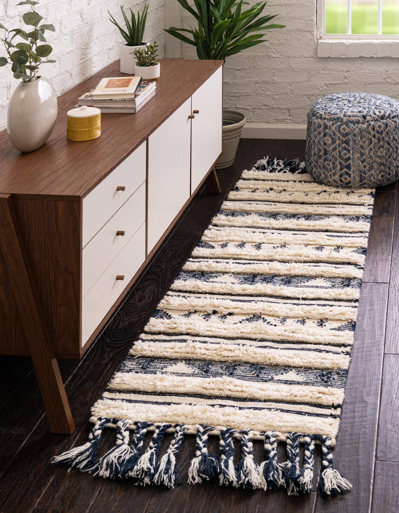Handwoven Navy Blue and Cream Wool Geometric Runner Rug