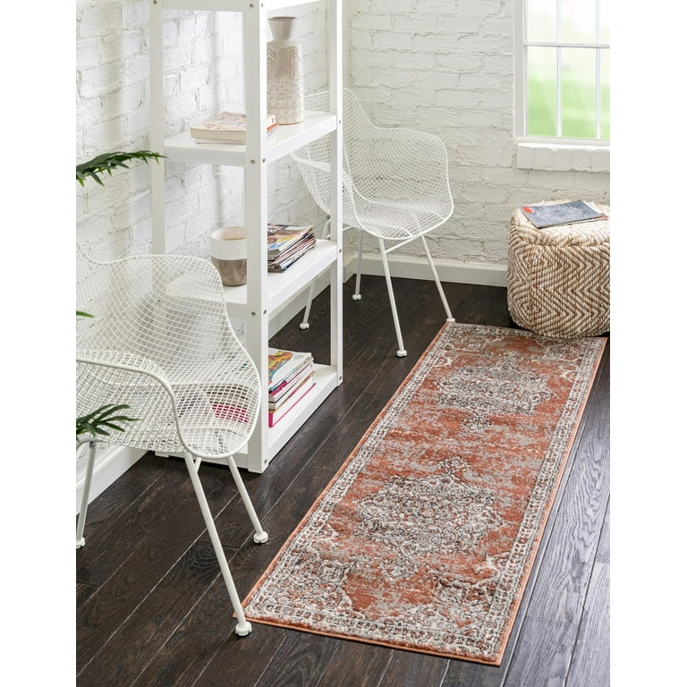 Unique Loom Smile Nyla Rug Salmon Pink/Ivory 2' x 6' 1 Runner Textured  Abstract Victorian Perfect For Bathroom Hallway Mud Room Laundry Room