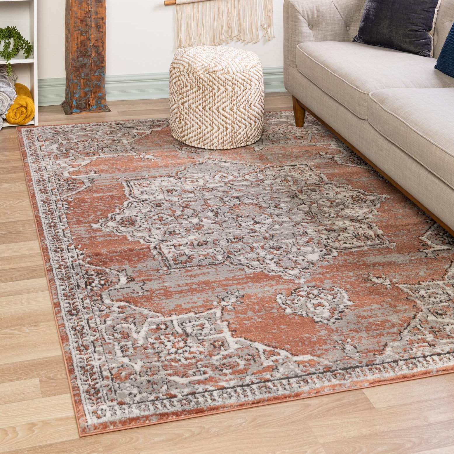 Salmon Pink and Gray Rectangular Synthetic Area Rug