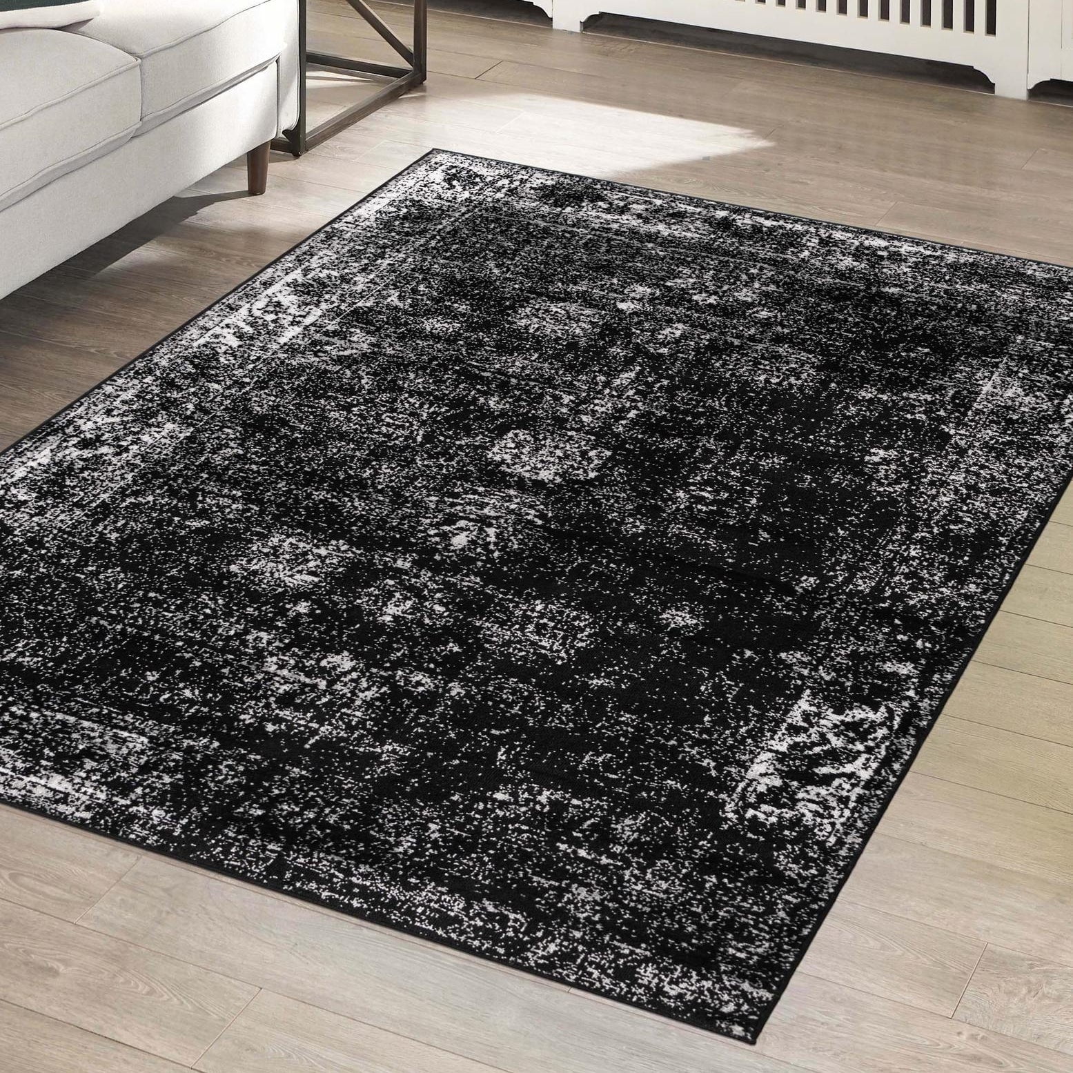 Black Rectangular Stain-Resistant Synthetic Area Rug