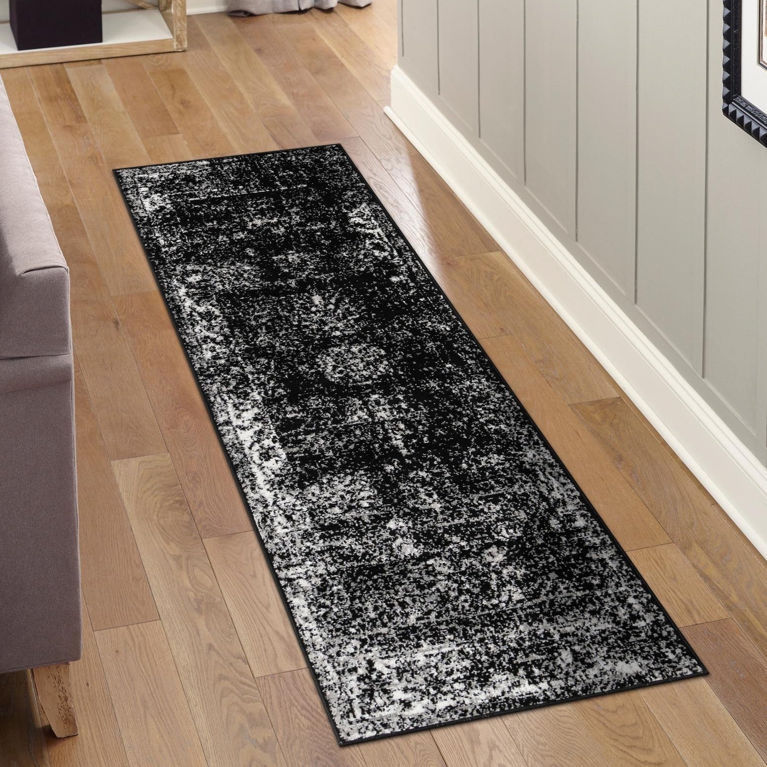Chic Black Synthetic Indoor Runner Rug, Easy-Care and Stain-Resistant