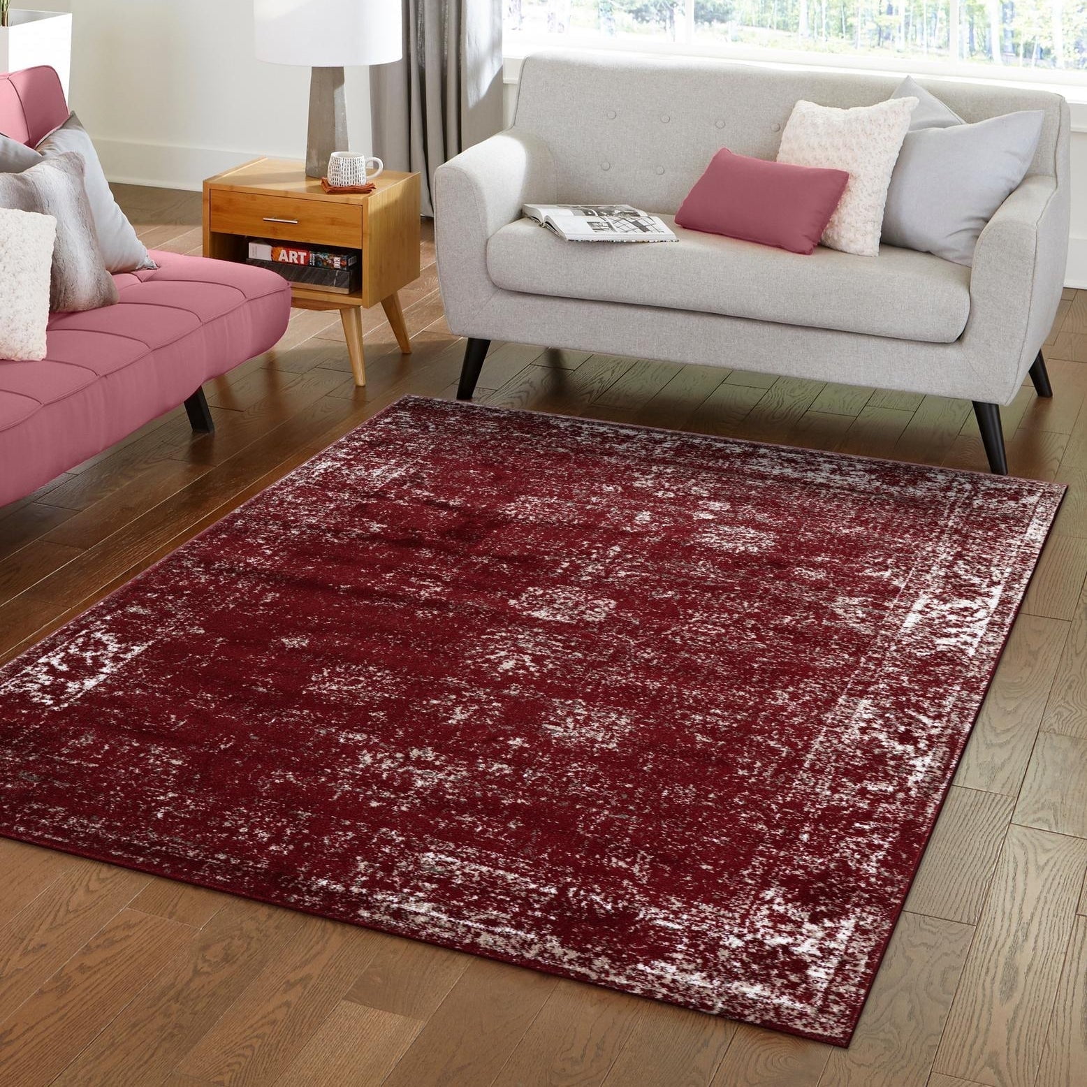 Burgundy and Gray Rectangular Synthetic Area Rug