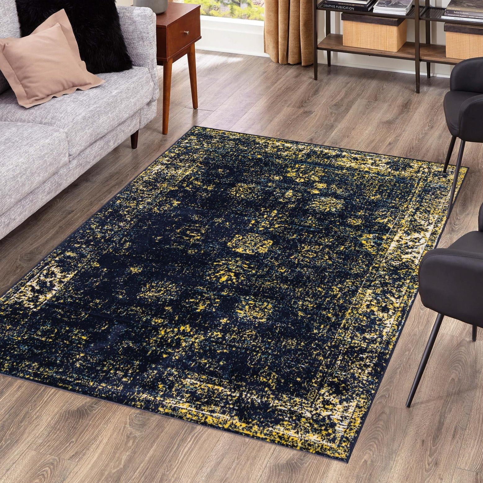 Navy Blue and Yellow Floral Motif Area Rug