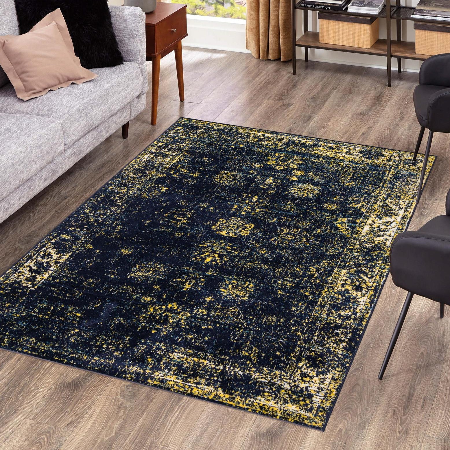 Navy Blue and Yellow Floral Motif Area Rug