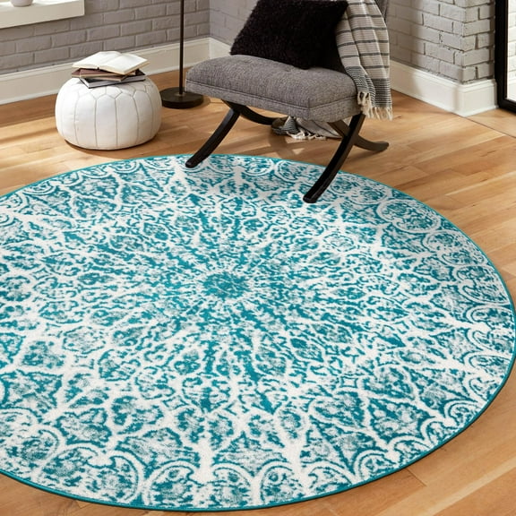 Unique Loom Sofia Collection Area Rug - Grace (5' 1" Round Turquoise/Ivory)