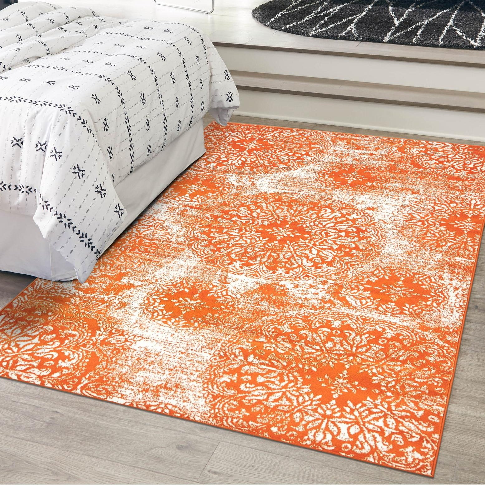 Grand Orange and White Synthetic Bohemian Area Rug