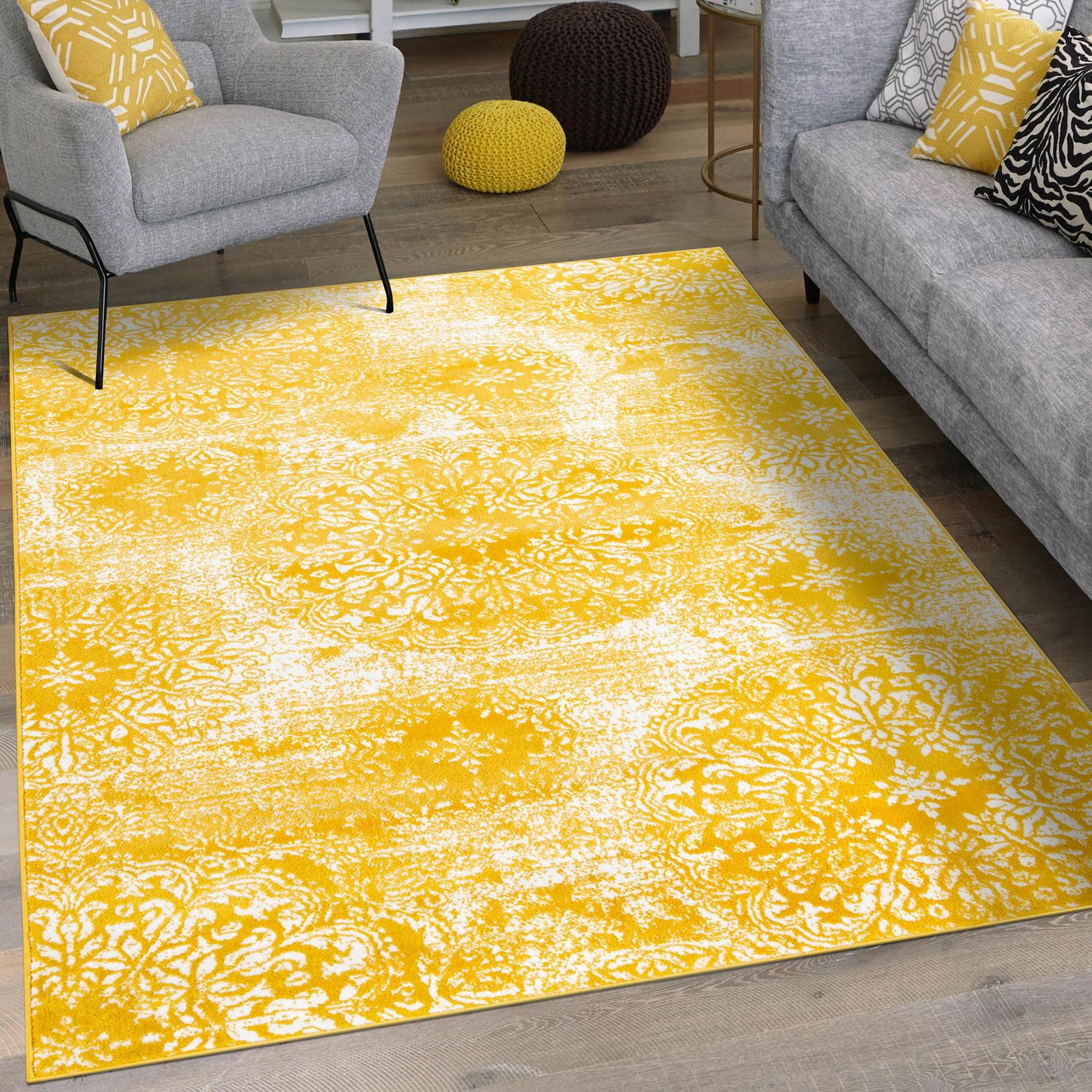 Yellow and White Low Pile Bohemian Area Rug