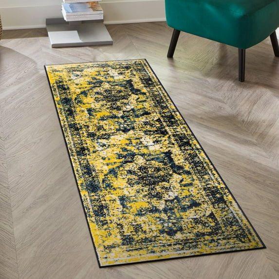 Unique Loom Sofia Collection Area Rug - Salle Garnier (3' 3" x 19' 8" Runner Navy Blue/Yellow)