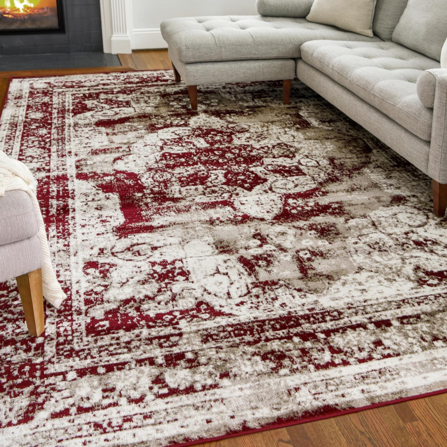 Burgundy and Tan Synthetic Rectangular Area Rug, 5 x 8 ft