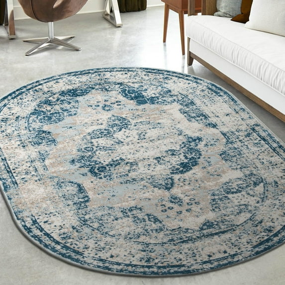 Unique Loom Sofia Collection Area Rug - Salle Garnier (5' x 8' Oval Blue/Ivory)
