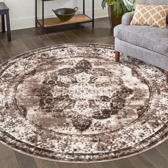 Unique Loom Sofia Collection Area Rug - Salle Garnier (6' 1" Round Light Brown/Ivory)