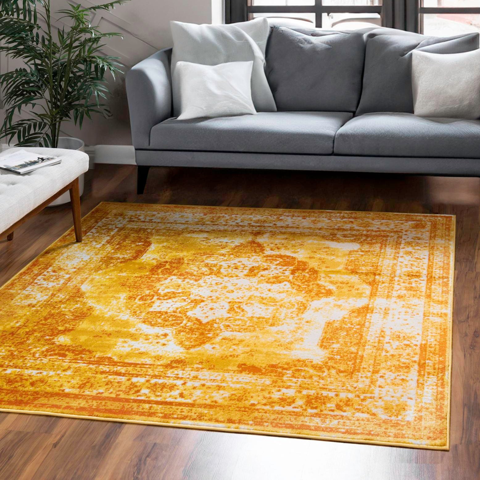Salle Garnier Orange and Yellow Square Synthetic Area Rug