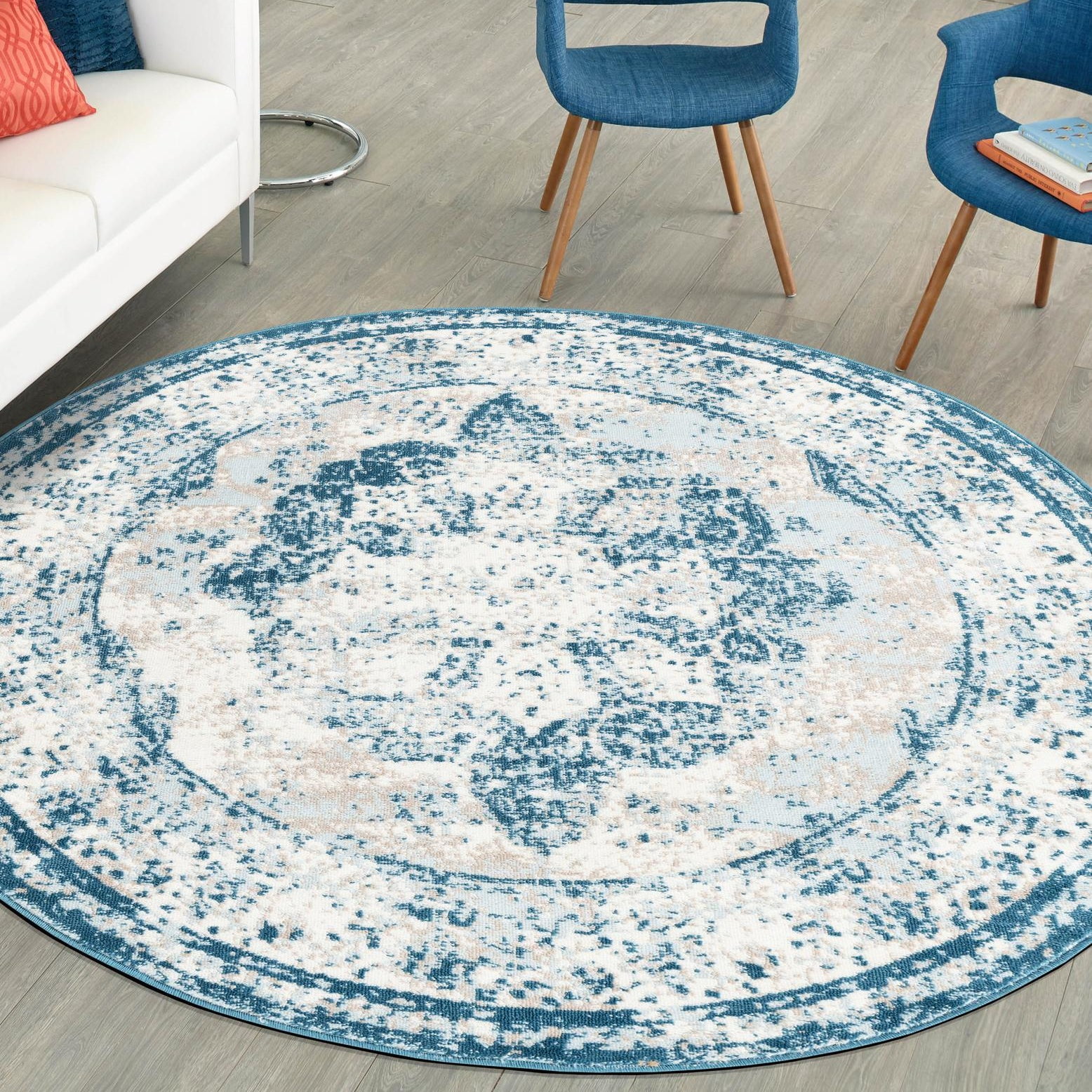 Reversible Round Blue and Light Blue Medallion Synthetic Rug