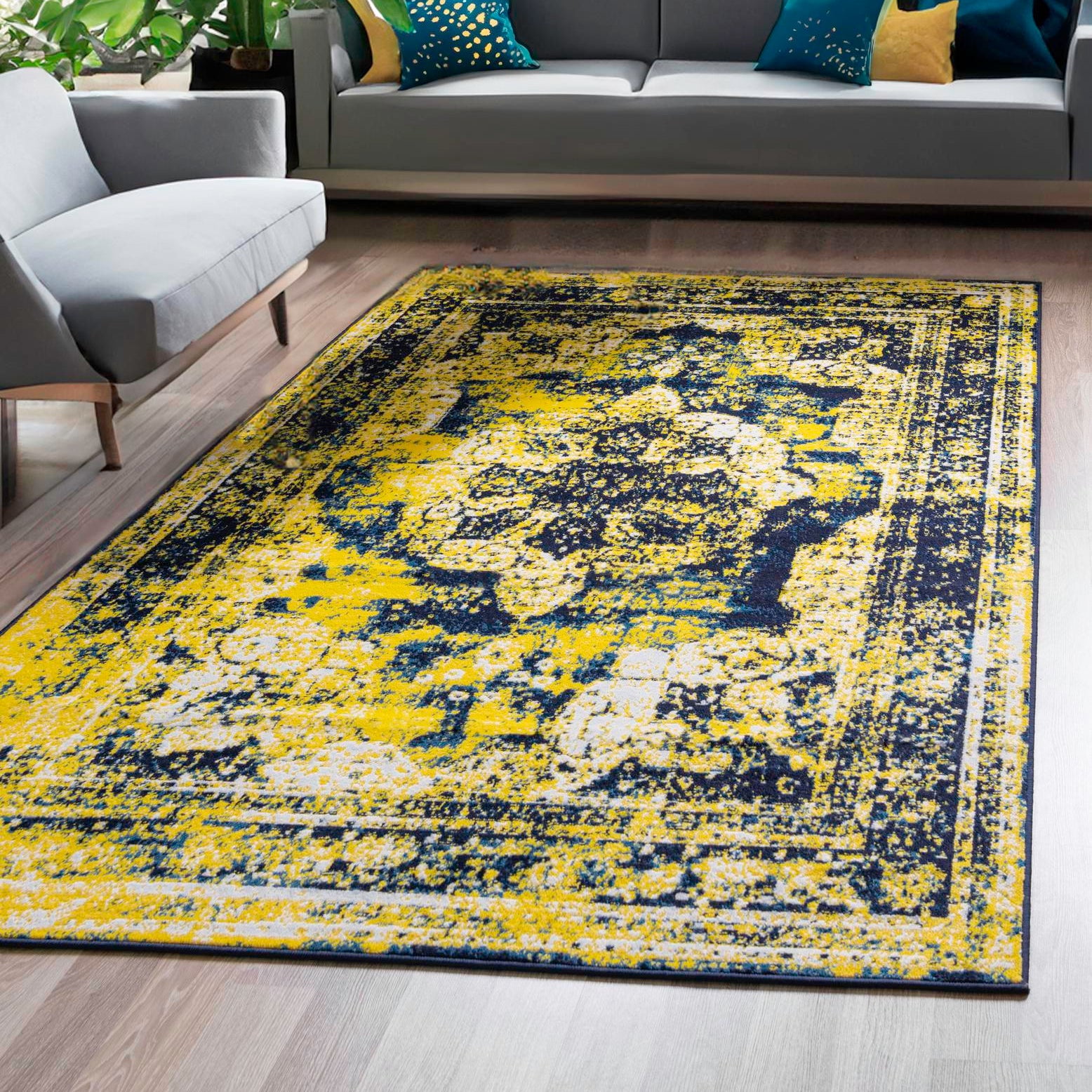 Navy Blue and Yellow Synthetic Low Pile Area Rug