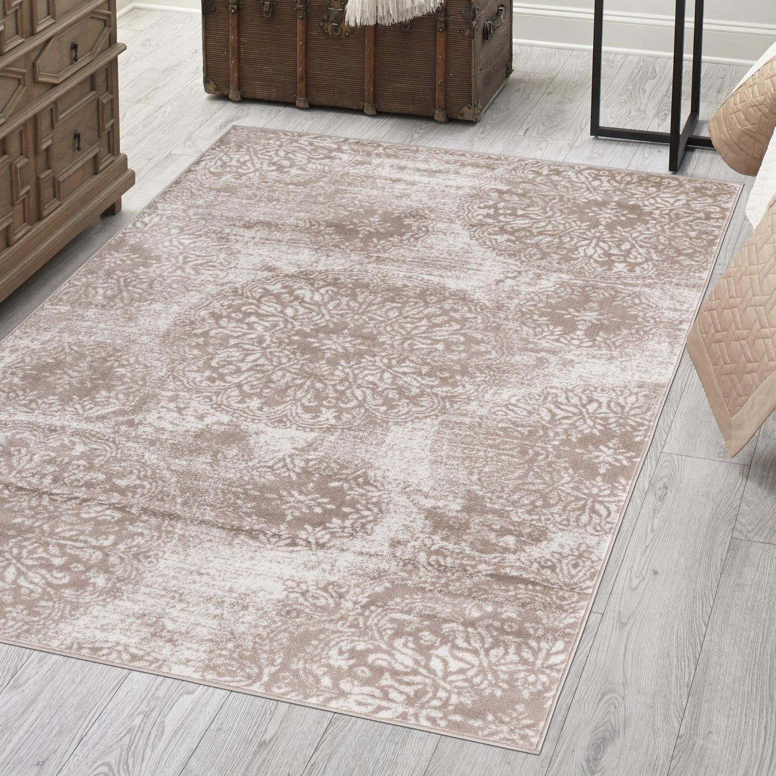 Beige and Brown Synthetic Low Pile Bohemian Area Rug