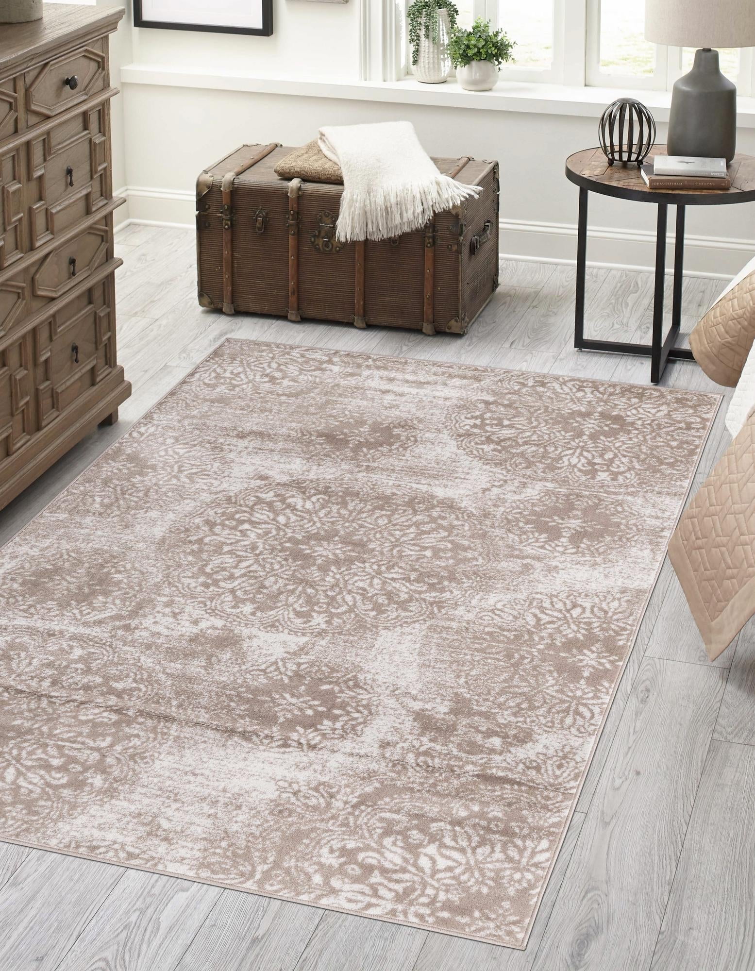 Beige and Brown Synthetic Low Pile Bohemian Area Rug