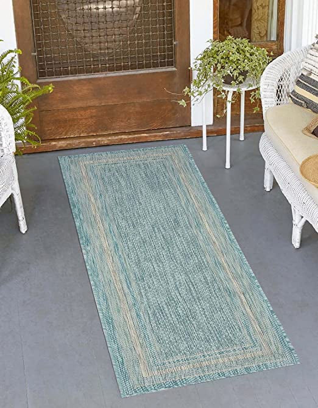 Unique Loom Soft Border Indoor/Outdoor Border Rug Aquamarine/Ivory 2' x