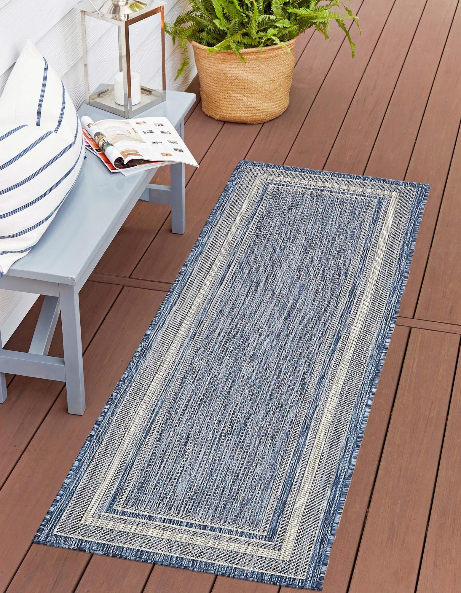 Blue Synthetic Flat Woven Reversible Outdoor Runner Rug