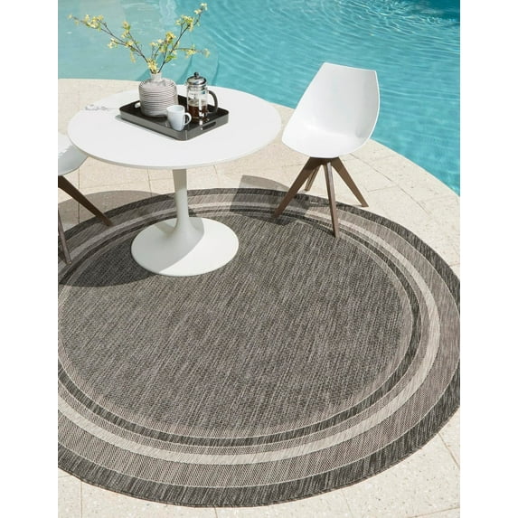 Unique Loom Outdoor Border Collection Area Rug - Soft Border (12' Round Black/Ivory)