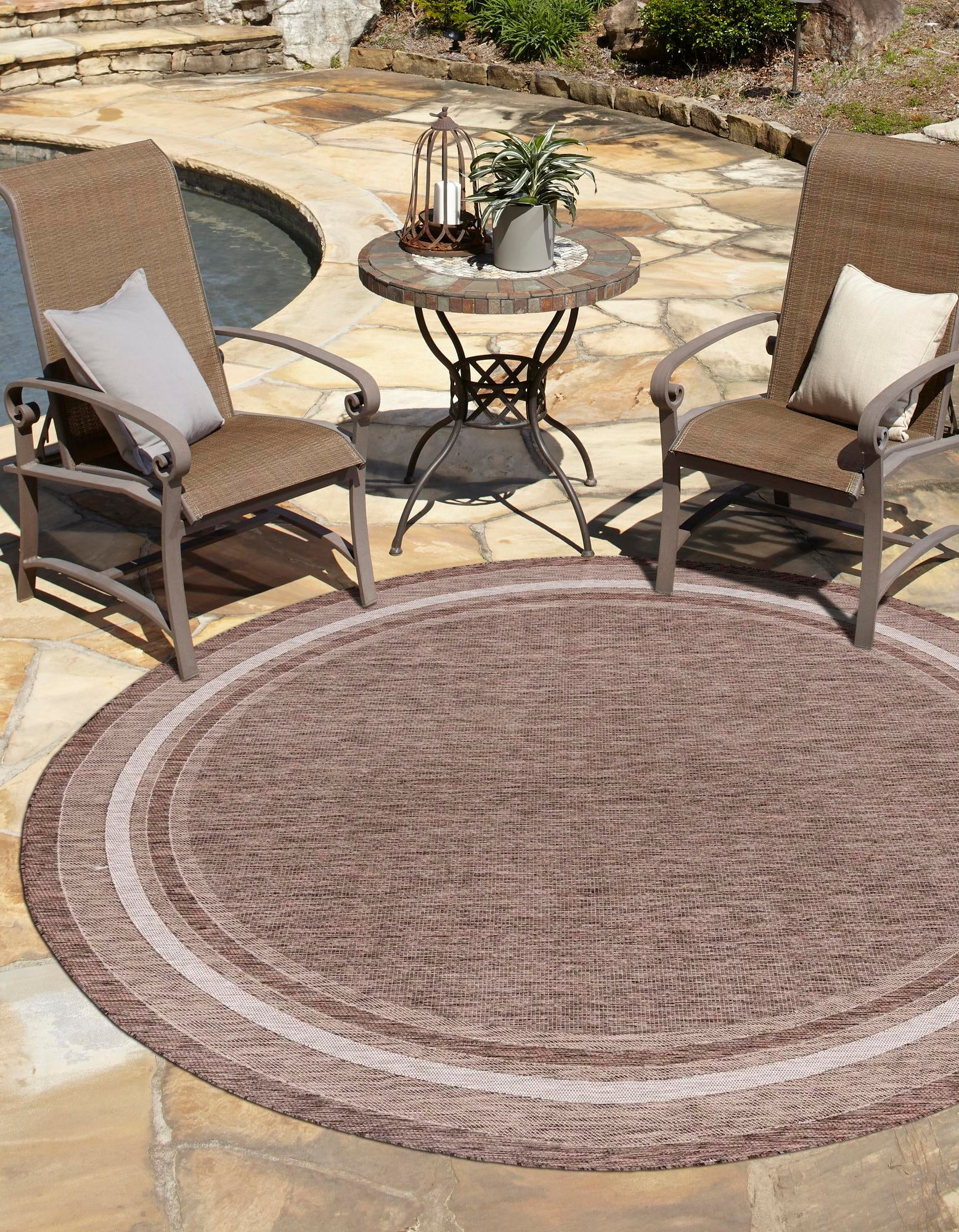 Round Brown Synthetic Outdoor Stain-Resistant Area Rug