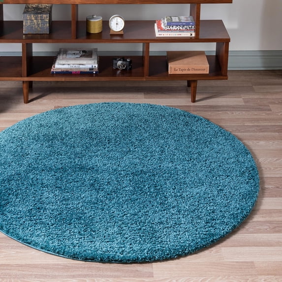 Unique Loom Soft Solid Shag Collection Area Rug - Aras (3' 3" Round Turquoise)