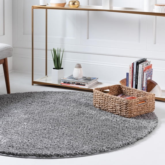 Unique Loom Soft Solid Shag Collection Area Rug - Aras (6' 1" Round Pebble Gray)