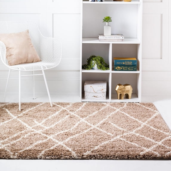 Unique Loom Soft Touch Shag Collection Area Rug - Dora (5' 3" Square Khaki/Ivory)