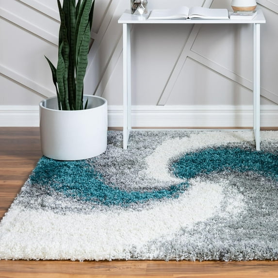 Unique Loom Soft Touch Shag Collection Area Rug - Selin (5' 1" Square Turquoise/Gray)