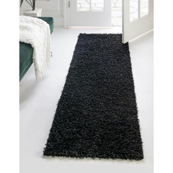 Unique Loom Solace Comfort Solid Shag Rug ,Runner,2' 6" x 16' 5" Jet Black Shag Solid Bathroom Hallway Mud Room