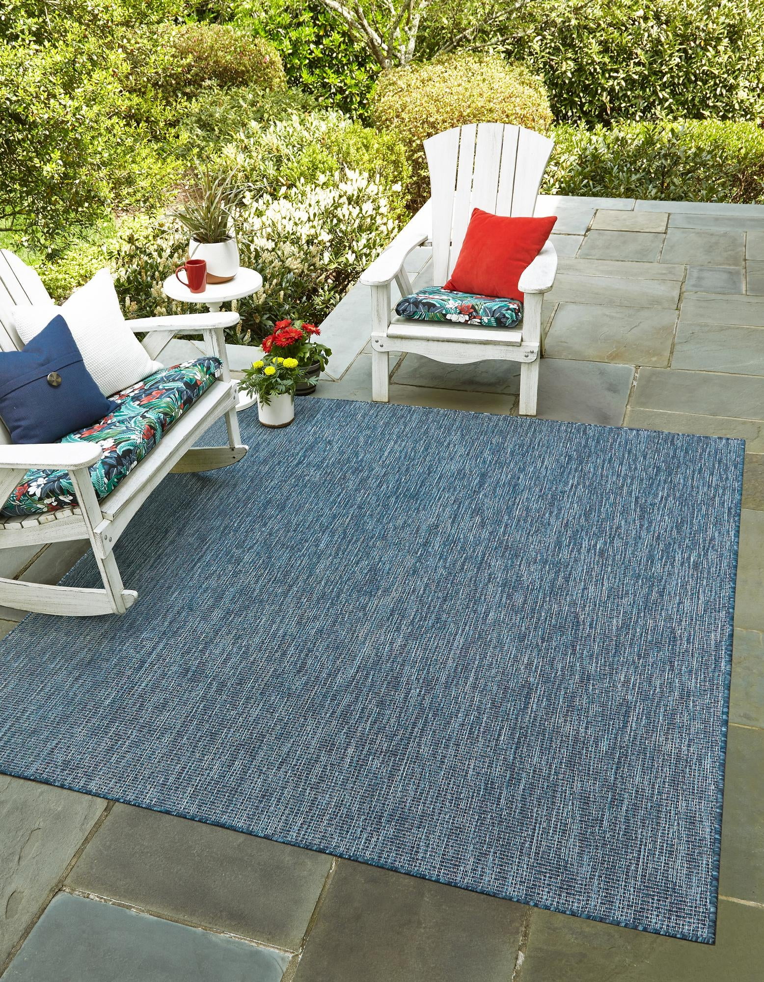 Navy Blue Square Synthetic Outdoor Flatweave Rug