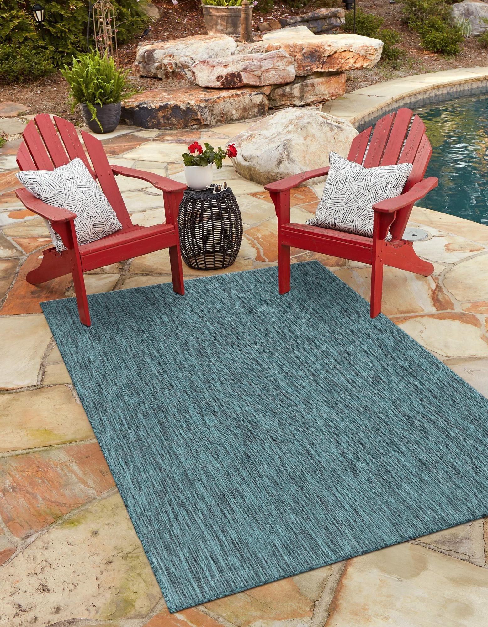 Teal Navy Blue 8' x 11' 4" Synthetic Outdoor Rectangular Rug