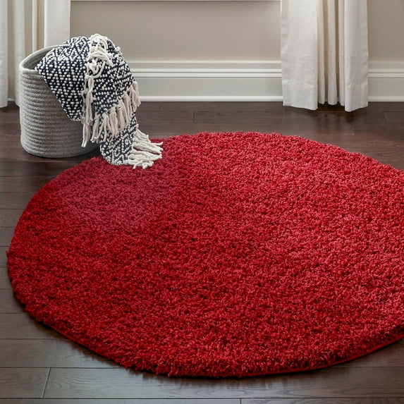 Unique Loom Solid Shag Collection Area Rug (3' 1" Round Cherry Red)