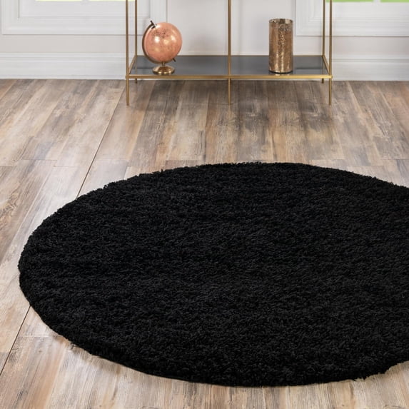 Unique Loom Solid Shag Collection Area Rug (4' 1" Round Jet Black)
