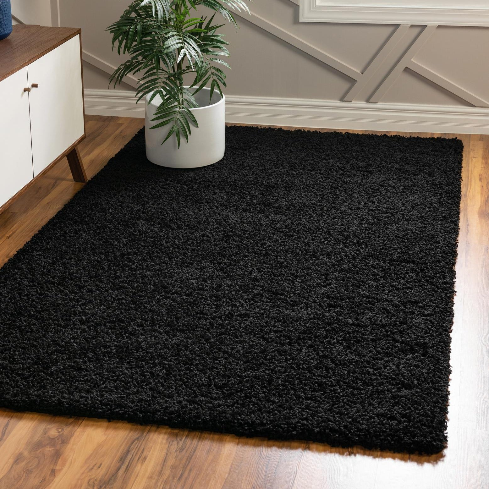 Jet Black Rectangular 4' x 6' Synthetic Shag Rug