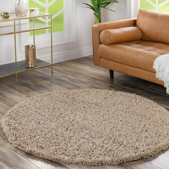 Unique Loom Solid Shag Collection Area Rug (5' 3" Round Taupe)