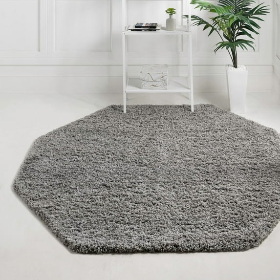 Unique Loom Solid Shag Collection Area Rug (6' 1" Octagon Cloud Gray)