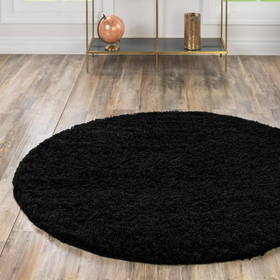 Unique Loom Solid Shag Collection Area Rug (6' 1" Round Jet Black)